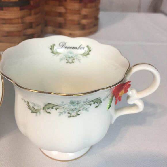 Vintage 70s Enesco December Dainty Green Floral Bone China Teacup Set - Picture 4 of 10